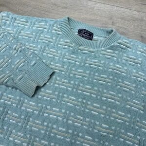 VTG Peconic Bay Traders Knit Sweater Blue White USA Stains Fisherman Outdoor